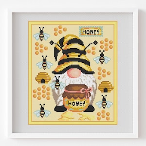 Bee Cross stitch pattern Bee Gnome cross stitch Home decor PDF pattern Digital cross stitch Modern cross stitch Honey pattern Embroidery