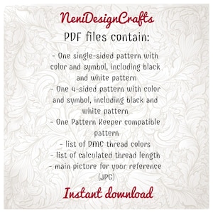 May include: A digital download graphic with the text "NeniDesignCrafts" and "PDF files contain:" followed by a list of included pattern files, thread colors, and a reference image. The words "Instant download" are also present.