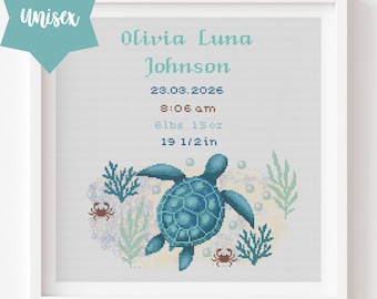 Baby Birth Cross Stitch Chart: Birth memory, Sea Animals Waiting, Turtle lovers (PDF Pattern)