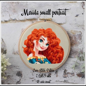 Merida small portrait Cross stitch pattern Princess cross stitch Merida princess Kids room decoration Tale heroes Home decoration Princesses