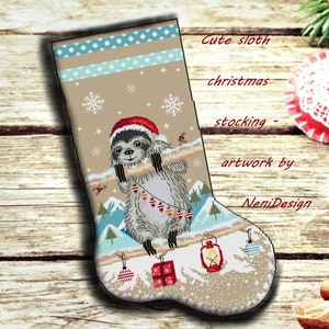 May include: A cross-stitch pattern of a cute sloth wearing a Santa hat and hanging from a branch. The sloth is surrounded by snow, mountains, and Christmas ornaments. The pattern is titled "Cute sloth christmas stocking - artwork by NeniDesign".