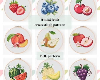 Fruitbundel, Moderne Fruitkunst, Set van 9 Moderne Borduurpatronen, Eenvoudig, Ontwerp voor Beginners (PDF-patroon)