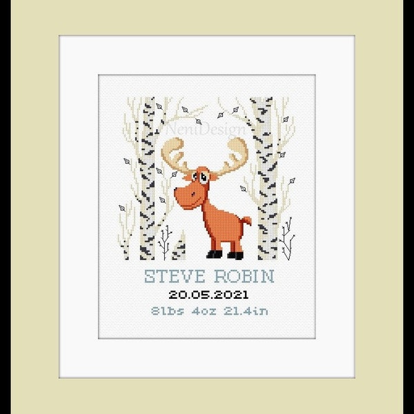 Baby birth announcement Cross stitch pattern DIY new baby birth DIY baby boy cross stitch Nursery decoration Moose cross stitch Animal