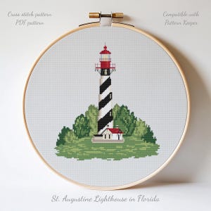 Könnte beinhalten: Kreuzstichmuster des Leuchtturms von St. Augustine in Florida, mit einem schwarz-weiß gestreiften Turm und roter Spitze. Das Design umfasst grüne Bäume und ein kleines weißes Gebäude, alles in einem hölzernen Stickrahmen.