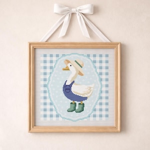 Goose Cross Stitch Pattern: Beginner Friendly Stripe Nursery Art, Boy goose in overall (Digital Download)