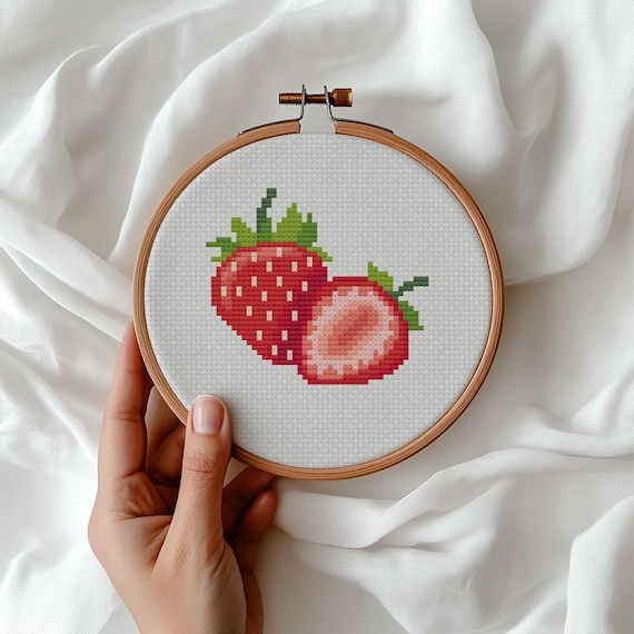 Strawberry Cross Stitch Pattern, Easy Fruit Embroidery (PDF