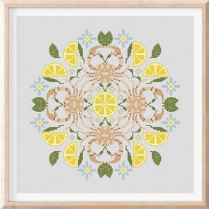 Mandala Kruissteekpatroon Krabmandala Citroenpatroon PDF-patroon Woondecoratie Digitale kruissteek Modern borduurwerk Moderne digitale kunst