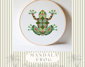 Kruissteekpatroon van een kikker, moderne mandala-dieren, woondecoratie, fantasietuindecoratie (digitale PDF-download)