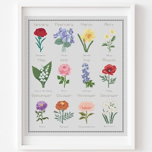 Peut inclure: Tableau encadré en point de croix représentant un calendrier floral. Il comprend des œillets, des violettes, des jonquilles, des marguerites, du muguet, des roses, des pieds d'alouette, des coquelicots, des asters, des soucis, des chrysanthèmes et des narcisses.