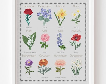 Birth Month Flower Cross stitch, 12 Months Floral sampler, Botanical chart (PDF pattern)
