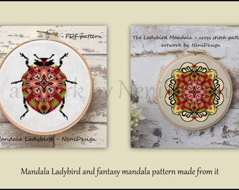 The Ladybird mandala and the Mandala Ladybird, cross stitch pattern, mandala cross stitch, modern cross stitch, home decoration pattern