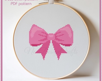 Pink Bow Cross Stitch Pattern, Beginner Needlepoint (PDF Pattern)