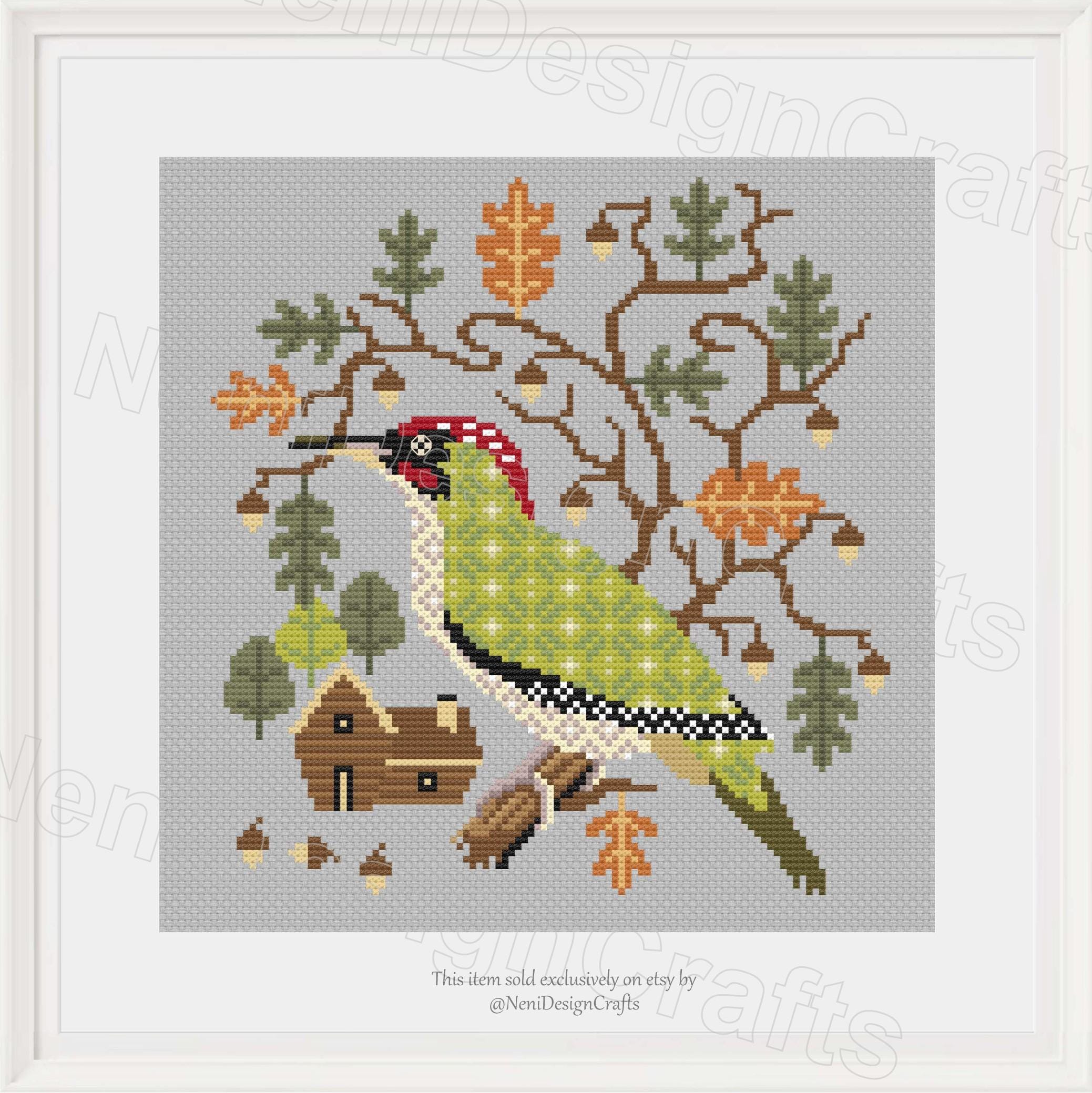 Green Woodpecker Cross Stitch Pattern, Norwegian Bird (PDF Pattern
