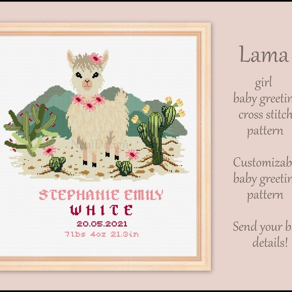 Lama Greeting baby Cross stitch pattern Girl baby cross stitch Baby birth announcement DIY new baby birth Nursery decor Lama cross stitch