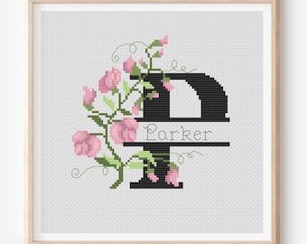 Letter P Cross Stitch Pattern, Floral Initial embroidery, Alphabet (PDF Pattern)