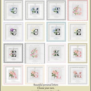 K&ouml;nnte beinhalten: Eine Sammlung von 12 gerahmten Drucken mit einem einzelnen Buchstaben des Alphabets mit einem floralen Design. Jeder Rahmen hat eine andere Farbe und ein anderes florales Design. Der Text "Beautiful personal letters Choose your own, or send me your custom order" befindet sich am unteren Rand des Bildes.
