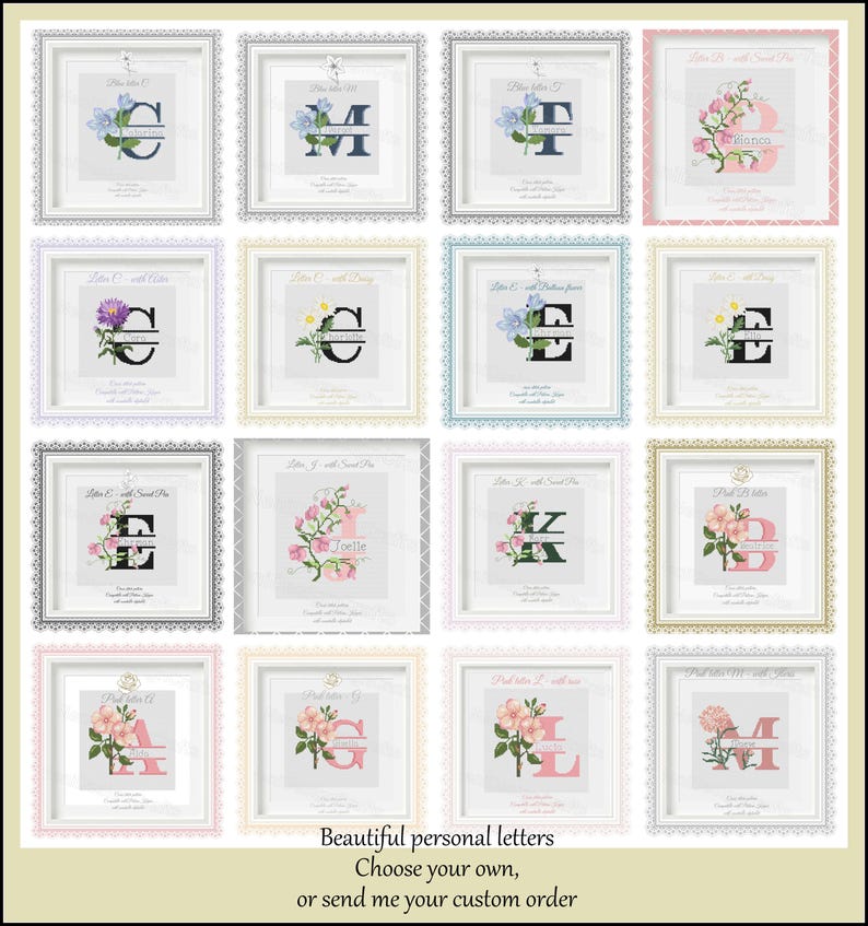 K&ouml;nnte beinhalten: Eine Sammlung von 12 gerahmten Drucken mit einem einzelnen Buchstaben des Alphabets mit einem floralen Design. Jeder Rahmen hat eine andere Farbe und ein anderes florales Design. Der Text "Beautiful personal letters Choose your own, or send me your custom order" befindet sich am unteren Rand des Bildes.