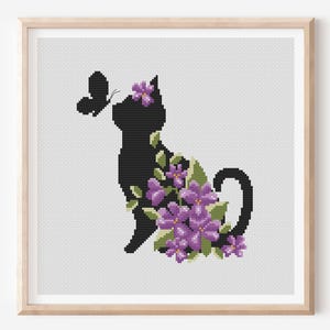 Patrón de punto de cruz de gato violeta, silueta floral (patrón en PDF)