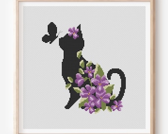 Violet Cat Cross Stitch Pattern, Floral Silhouette (PDF Pattern)