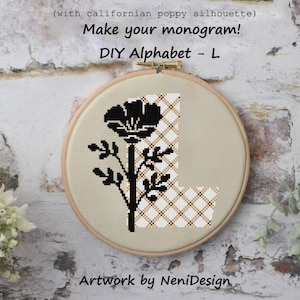 Patrón de punto de cruz con la letra L con silueta de flor Punto de cruz del alfabeto Punto de cruz con letras personalizado Patrón de nombre DIY Solo la letra L