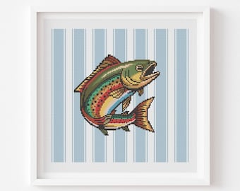 Kruissteekpatroon kustvis: nautische strepen, regenboogforelvis (digitale download)