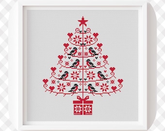 Christmas Tree Cross Stitch, Folk style, Bullfinch birds, Red christmas decor (PDF Pattern)