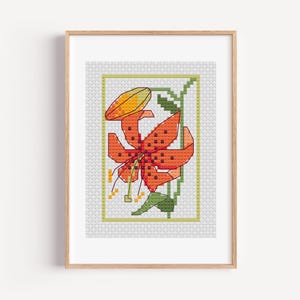 May include: A framed cross-stitch pattern featuring a stylized orange tiger lily with dark brown spots, green stems, and yellow stamens. The floral design is set against a white grid background and enclosed within a light green rectangular border.