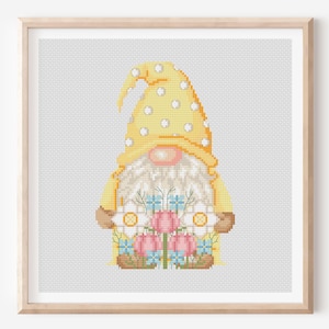 Gnome Cross stitch pattern Spring Flowers Garden gnome Home decor Digital cross stitch Modern Embroidery Floral Nature Art Cute gnome