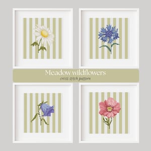 Könnte beinhalten: Vier gerahmte Kreuzstichmuster mit Wiesenblumen. Jedes gerahmte Kunstwerk zeigt eine andere Blume: eine Gänseblümchen, eine blaue Kornblume, eine violette Glockenblume und einen rosa Mohn. Der Hintergrund hat vertikale Streifen. Der Text "Meadow wildflowers cross stitch pattern" wird angezeigt.