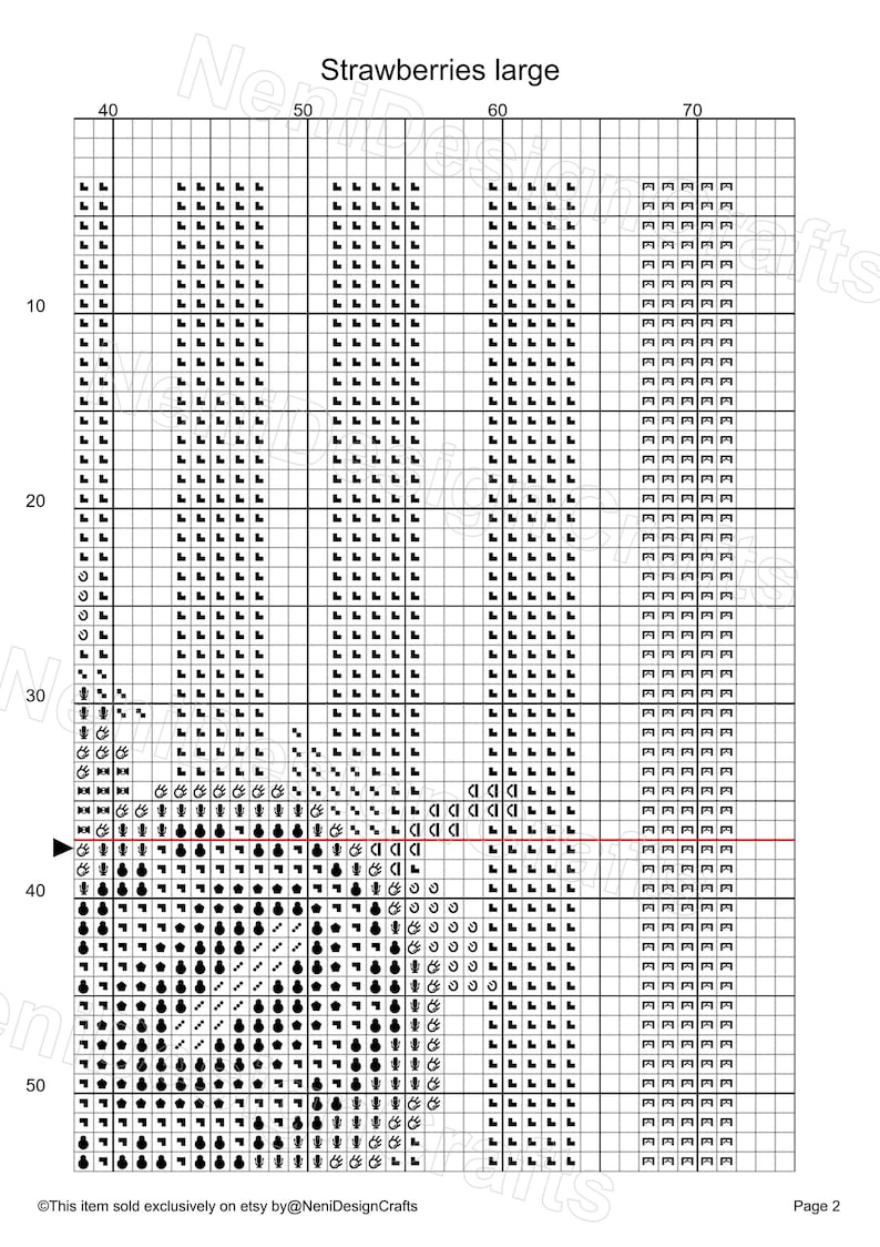 May include: Cross-stitch pattern chart labeled "Strawberries large." The design features a grid with symbols representing a strawberry motif. The text "This item sold exclusively on etsy by @NeniDesignCrafts" is at the bottom.