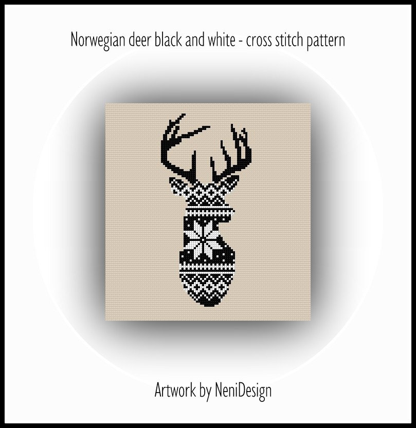 Norwegian deer black and white Cross stitch pattern Christmas decoration Deer christmas pattern Black and White decoration DIY deer pattern