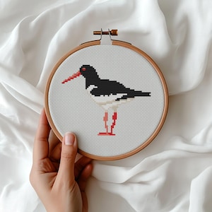 Könnte beinhalten: Kreuzstich-Stickerei eines Vogels in einem Holzreifen. Der Vogel hat schwarze, weiße und rote Details, mit einem langen roten Schnabel und roten Beinen. Die Stickerei befindet sich vor einem weißen Hintergrund.
