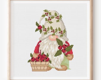 Holly Gnome Cross Stitch, Modern Embroidery, Christmas decor, Gnome lovers (PDF pattern)