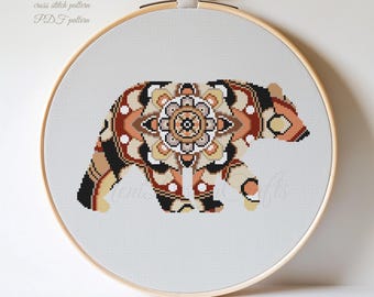 Mandala Bear Cross Stitch Pattern, Animal Embroidery (PDF Pattern)