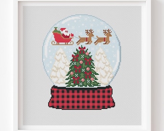 Snowglobe-kruissteekpatroon, kerstman met rendieren, kerst (pdf-patroon)
