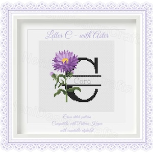 Patrón de punto de cruz con letras Letra C con Aster Nombres personalizables Patrón contable Nombre del alfabeto Punto de cruz Decoración del hogar Regalos personales