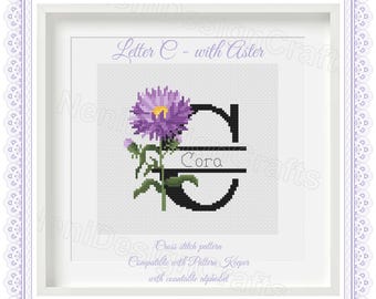 Bloemen letter C kruissteekpatroon: alfabetmonogram, paars bloemontwerp (digitale download pdf)
