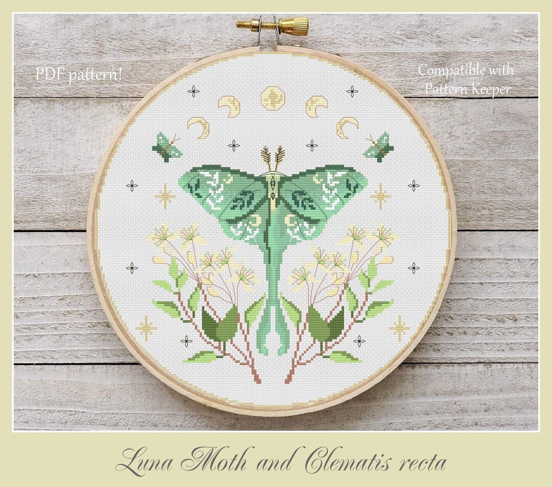 Luna Moth and Clematis Recta Cross Stitch Pattern Moth Cross Stitch ...