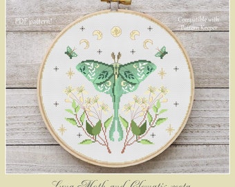 Luna Moth Cross Stitch Pattern, Moon Phase Floral (PDF Pattern)