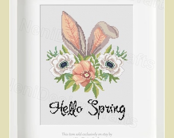 Modèle de point de croix Hello Spring, oreilles de lapin florales (Modèle PDF)