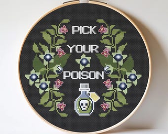 Pick Your Poison Skull Cross Stitch Pattern, Funny Embroidery (PDF Pattern)