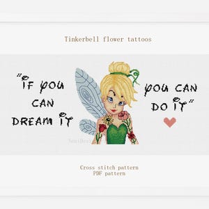 Tinkerbell flower tattoos Cross stitch pattern Tinkerbell typography Tinkerbell pattern Kids room decor Tale heroes cross stitch Princess