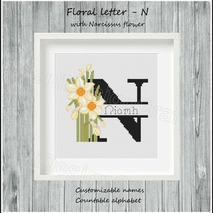 Letra N floral Patrón de punto de cruz Nombres personalizables Alfabeto contable Punto de cruz del alfabeto Punto de cruz de nombres Decoración del hogar Decoración de pared