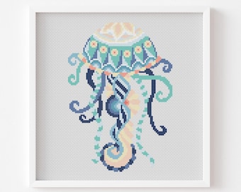 Jellyfish Mandala Cross Stitch Pattern, Sea Animal Home Decor (PDF Pattern)