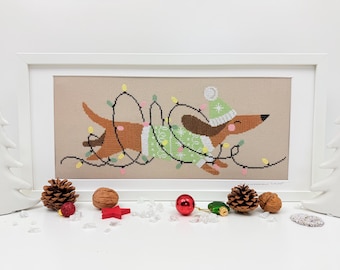 Kerst teckel kruissteekpatroon, hondenliefhebber, grappige dieren cadeaus (pdf)