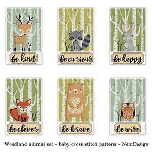Woodland Animals set Cross Stitch Pattern Baby Shower Gift Be clever Be brave Be kind Nursery Embroidery Set Fox Bear Bunny Deer DIY Home