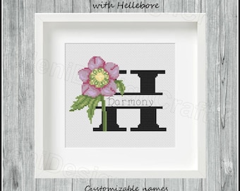 Floral letter H Cross stitch pattern Customizable names Countable alphabet Alphabet cross stitch Name cross stitch Home decor Wall decor