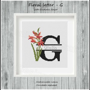 Letra G floral Patrón de punto de cruz Nombres personalizables Alfabeto contable Punto de cruz del alfabeto Punto de cruz de nombres Decoración del hogar Decoración de pared
