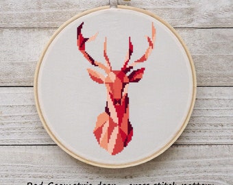 Red geometric deer Cross stitch pattern Geometric pattern Christmas decoration Geometric animals cross stitch Modern christmas Red pattern