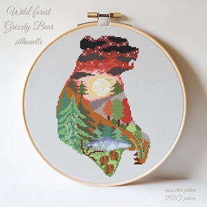 Grizzly Cross stitch pattern Wild Forest Grizzly Bear silhouette Home decor PDF pattern Digital cross stitch Modern cross stitch Landscape